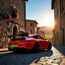A stunning Porsche GT3 parked on a picturesque narrow street in Italy, surrounded by charming old buildings with rustic architecture