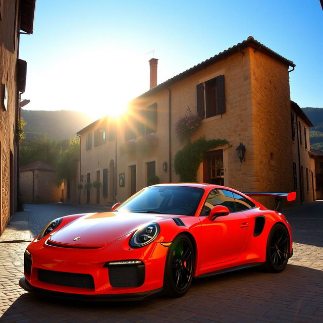 A stunning Porsche GT3 parked on a picturesque narrow street in Italy, surrounded by charming old buildings with rustic architecture