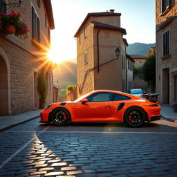 A stunning Porsche GT3 parked on a picturesque narrow street in Italy, surrounded by charming old buildings with rustic architecture