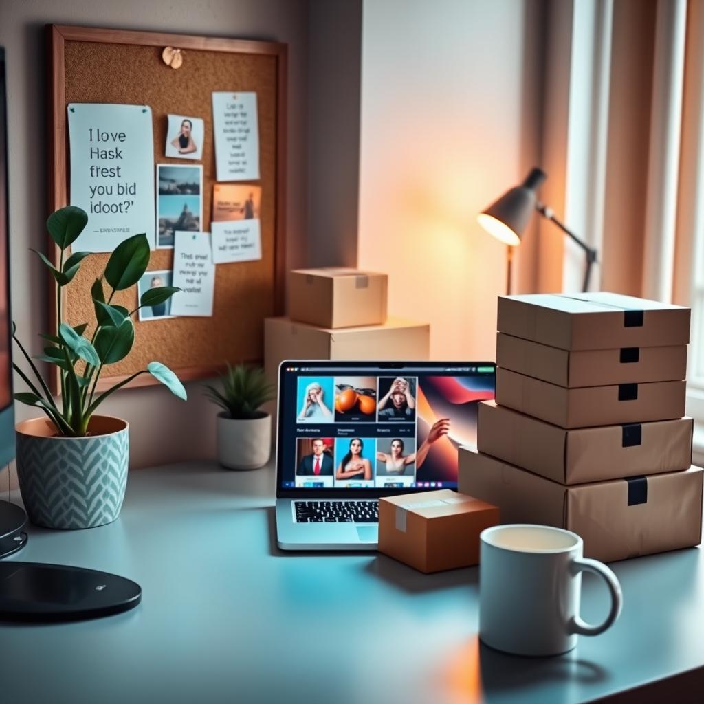 An aesthetically pleasing dropshipping workspace, featuring a modern desk setup with a laptop showing a colorful e-commerce website, various shipping boxes of different sizes stacked neatly, and a stylish coffee mug