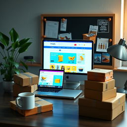 An aesthetically pleasing dropshipping workspace, featuring a modern desk setup with a laptop showing a colorful e-commerce website, various shipping boxes of different sizes stacked neatly, and a stylish coffee mug
