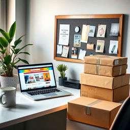 An aesthetically pleasing dropshipping workspace, featuring a modern desk setup with a laptop showing a colorful e-commerce website, various shipping boxes of different sizes stacked neatly, and a stylish coffee mug