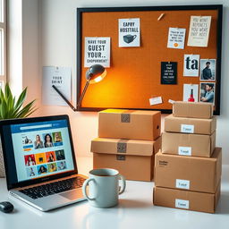 An aesthetically pleasing dropshipping workspace, featuring a modern desk setup with a laptop showing a colorful e-commerce website, various shipping boxes of different sizes stacked neatly, and a stylish coffee mug