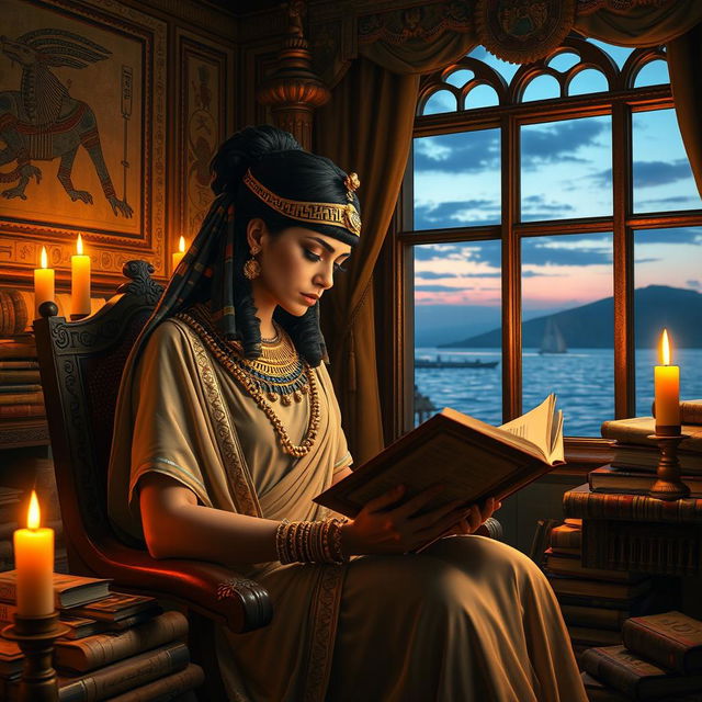 A captivating scene featuring Cleopatra, the ancient Egyptian queen, elegantly seated in a lavishly decorated study filled with scrolls and books