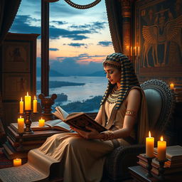 A captivating scene featuring Cleopatra, the ancient Egyptian queen, elegantly seated in a lavishly decorated study filled with scrolls and books