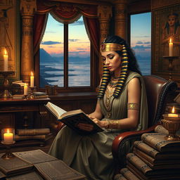 A captivating scene featuring Cleopatra, the ancient Egyptian queen, elegantly seated in a lavishly decorated study filled with scrolls and books