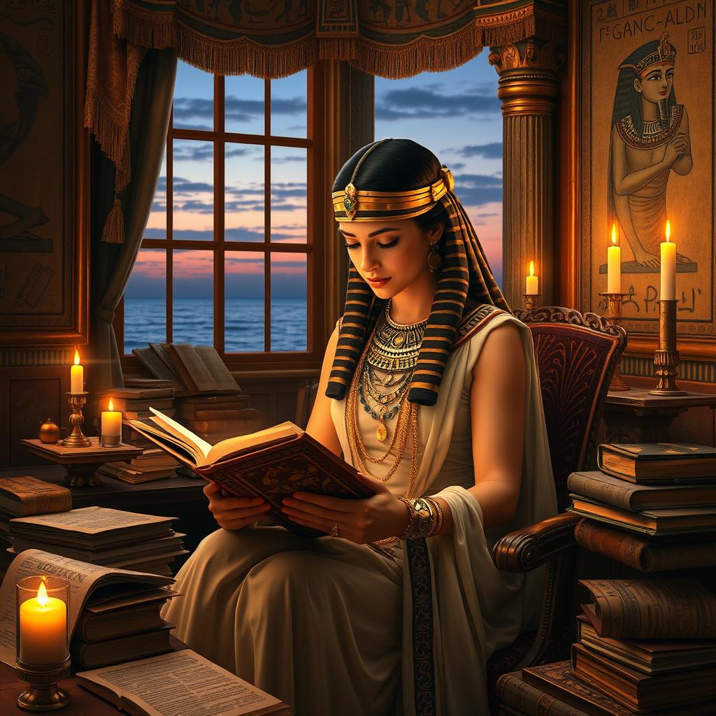 A captivating scene featuring Cleopatra, the ancient Egyptian queen, elegantly seated in a lavishly decorated study filled with scrolls and books