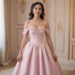 A modernized off-shoulder light muted pink dress, gracefully combining Charlotte's dress from Princess and the Frog and Bridgerton's fashion, featuring a corset-like top.