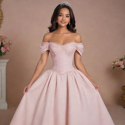 A modernized off-shoulder light muted pink dress, gracefully combining Charlotte's dress from Princess and the Frog and Bridgerton's fashion, featuring a corset-like top.