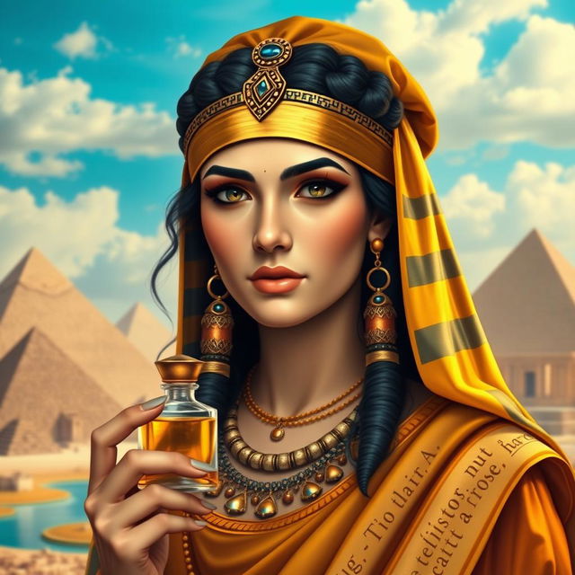 A stunning historical portrait of Cleopatra, the last Pharaoh of Egypt, depicted in regal attire, showcasing her beauty and intelligence