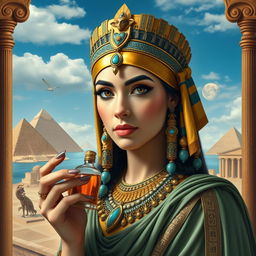 A stunning historical portrait of Cleopatra, the last Pharaoh of Egypt, depicted in regal attire, showcasing her beauty and intelligence