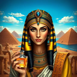 A stunning historical portrait of Cleopatra, the last Pharaoh of Egypt, depicted in regal attire, showcasing her beauty and intelligence