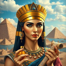 A stunning historical portrait of Cleopatra, the last Pharaoh of Egypt, depicted in regal attire, showcasing her beauty and intelligence