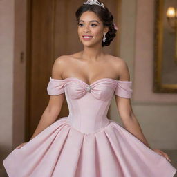 A modernized off-shoulder light muted pink dress, gracefully combining Charlotte's dress from Princess and the Frog and Bridgerton's fashion, featuring a corset-like top.