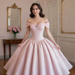 A modernized off-shoulder light muted pink dress, gracefully combining Charlotte's dress from Princess and the Frog and Bridgerton's fashion, featuring a corset-like top.