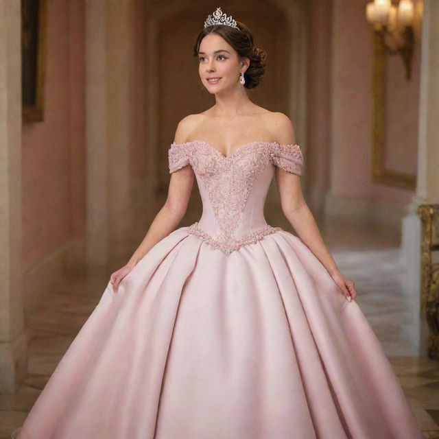 A modernized off-shoulder light muted pink gown, skilfully merging the style of Charlotte's dress from Princess and the Frog and the fashionable outfits of Bridgerton, enhanced with a corset-like top.