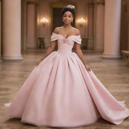 A modernized off-shoulder light muted pink gown, skilfully merging the style of Charlotte's dress from Princess and the Frog and the fashionable outfits of Bridgerton, enhanced with a corset-like top.