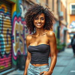 A slim woman with curly hair, standing confidently against a vibrant urban backdrop