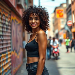 A slim woman with curly hair, standing confidently against a vibrant urban backdrop