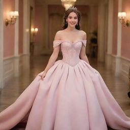 A modernized off-shoulder light muted pink gown, skilfully merging the style of Charlotte's dress from Princess and the Frog and the fashionable outfits of Bridgerton, enhanced with a corset-like top.