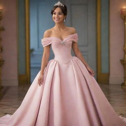 A modernized off-shoulder light muted pink gown, skilfully merging the style of Charlotte's dress from Princess and the Frog and the fashionable outfits of Bridgerton, enhanced with a corset-like top.