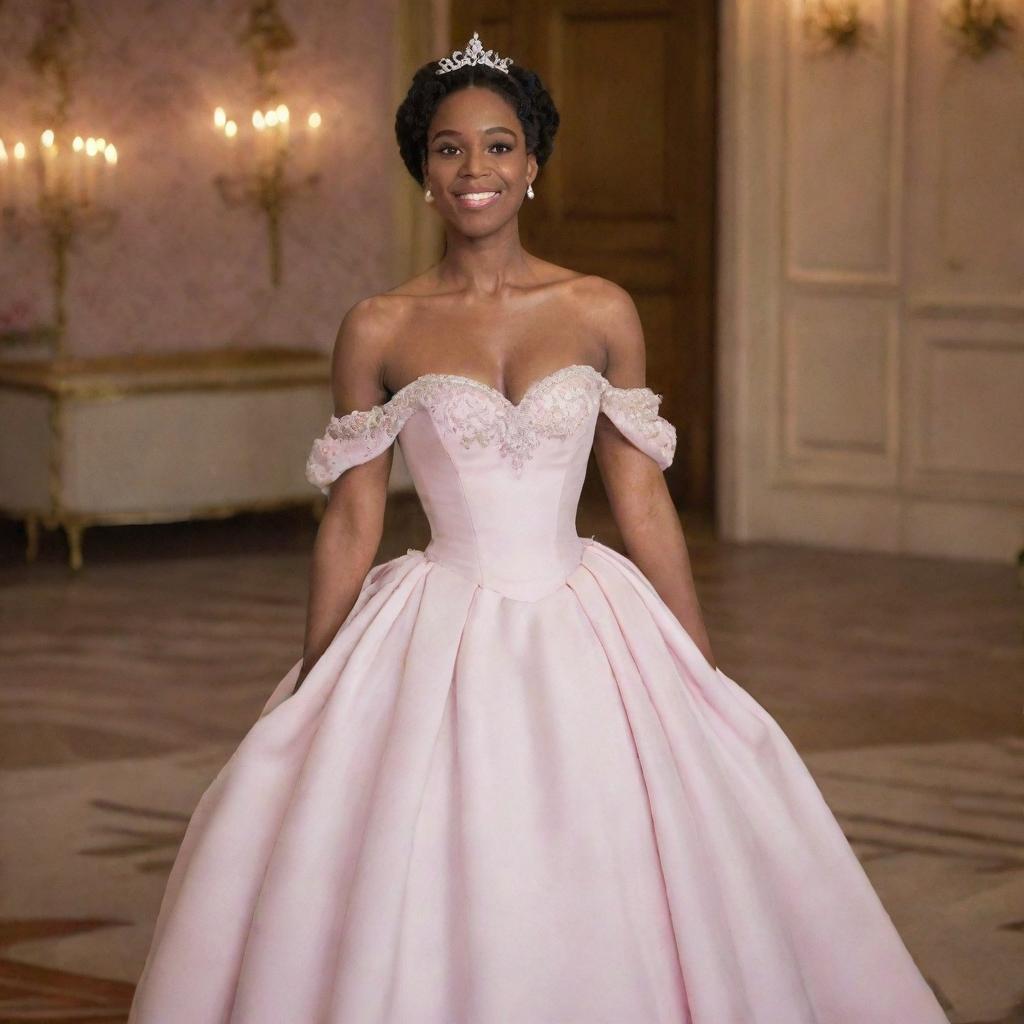 An off-shoulder light pink gown accord blending the style of Charlotte's dress from Princess and the Frog and the chic aesthetics of Bridgerton, modernized with a corset-like top.