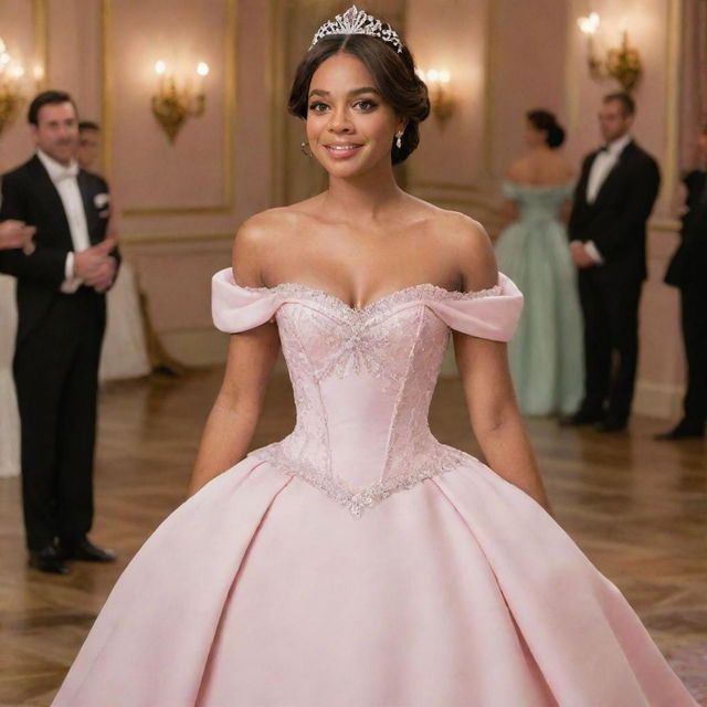 An off-shoulder light pink gown accord blending the style of Charlotte's dress from Princess and the Frog and the chic aesthetics of Bridgerton, modernized with a corset-like top.