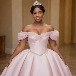 A medium-sized woman wearing a modern off-shoulder light pink gown, combining the design of Charlotte's dress from Princess and the Frog and Bridgerton's fashion, enhanced with a corset-like top.