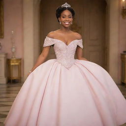 A medium-sized woman wearing a modern off-shoulder light pink gown, combining the design of Charlotte's dress from Princess and the Frog and Bridgerton's fashion, enhanced with a corset-like top.