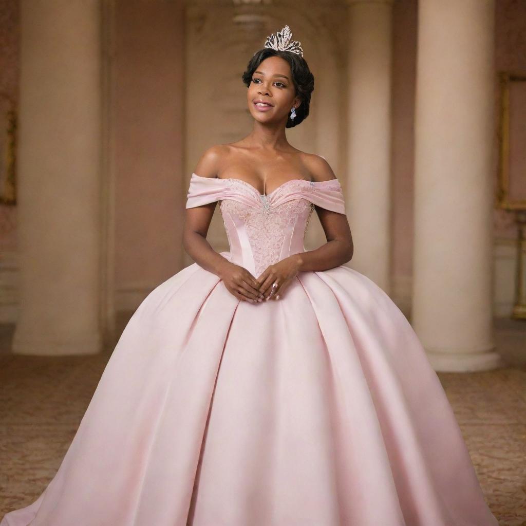 A medium-sized woman wearing a modern off-shoulder light pink gown, combining the design of Charlotte's dress from Princess and the Frog and Bridgerton's fashion, enhanced with a corset-like top.