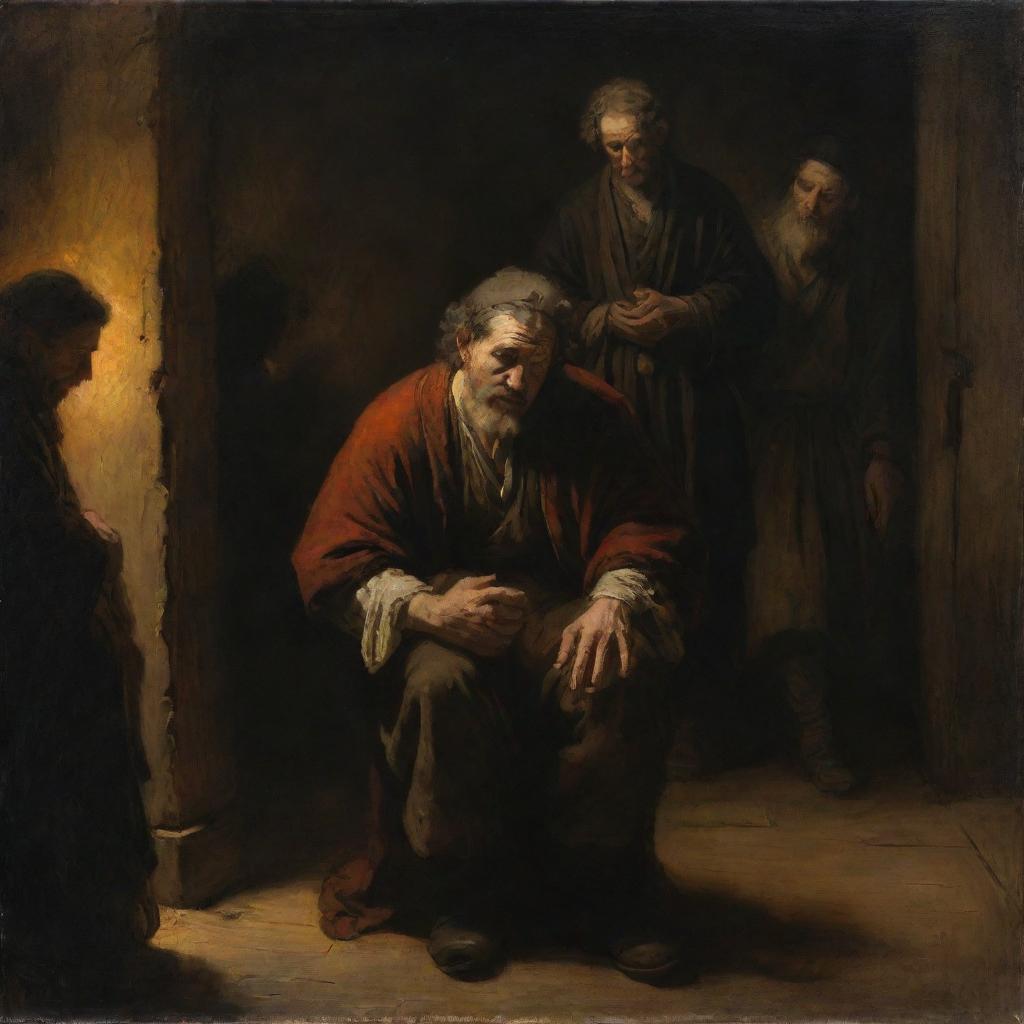 A Rembrandt-style painting featuring the biblical story of The Prodigal Son, emphasizing on the emotional reunion, warm lighting, and intense contrasts between light and dark.