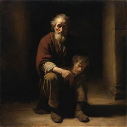 A Rembrandt-style painting featuring the biblical story of The Prodigal Son, emphasizing on the emotional reunion, warm lighting, and intense contrasts between light and dark.