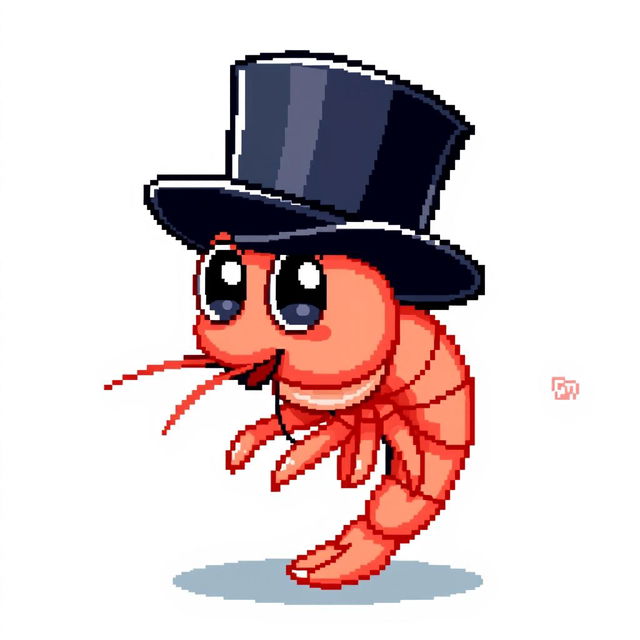 A pixel art illustration of a shrimp wearing a black top hat, showcasing a cute and whimsical character design