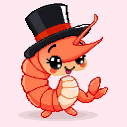 A pixel art illustration of a shrimp wearing a black top hat, showcasing a cute and whimsical character design