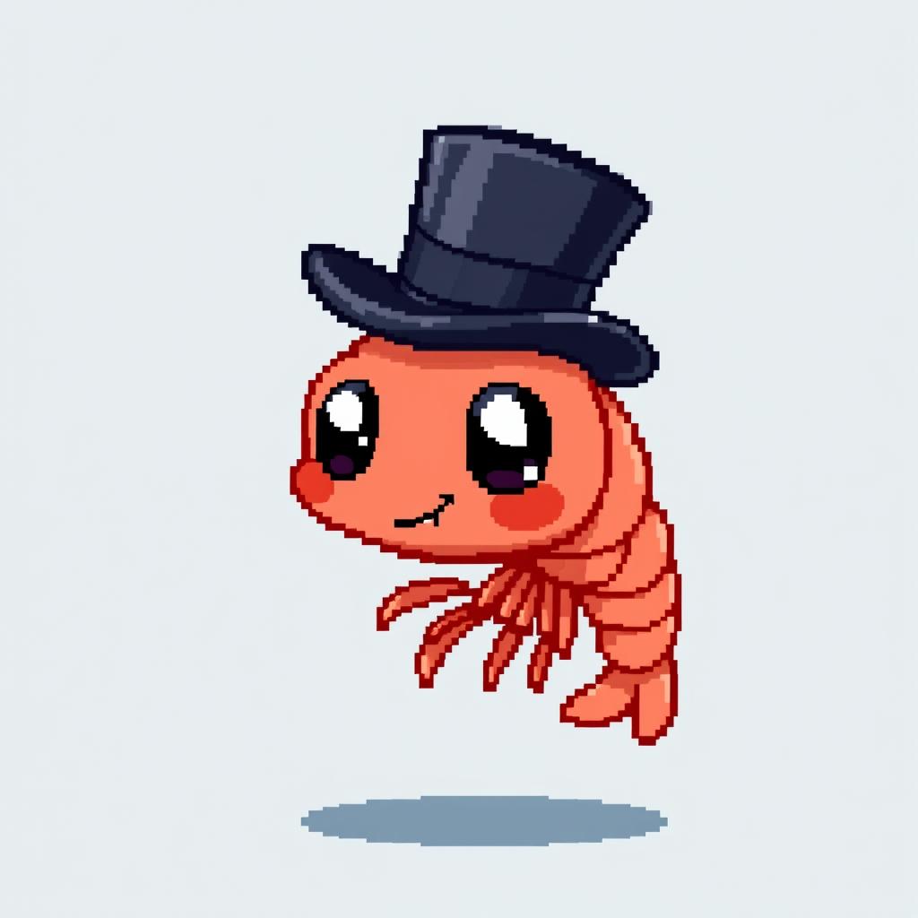 A pixel art illustration of a shrimp wearing a black top hat, showcasing a cute and whimsical character design