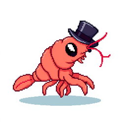 A pixel art illustration of a shrimp wearing a black top hat, showcasing a cute and whimsical character design