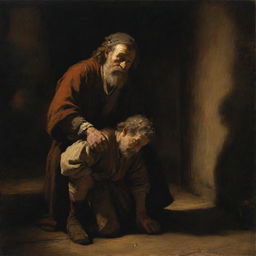 A Rembrandt-style painting featuring the biblical story of The Prodigal Son, emphasizing on the emotional reunion, warm lighting, and intense contrasts between light and dark.