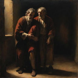 A Rembrandt-style painting featuring the biblical story of The Prodigal Son, emphasizing on the emotional reunion, warm lighting, and intense contrasts between light and dark.