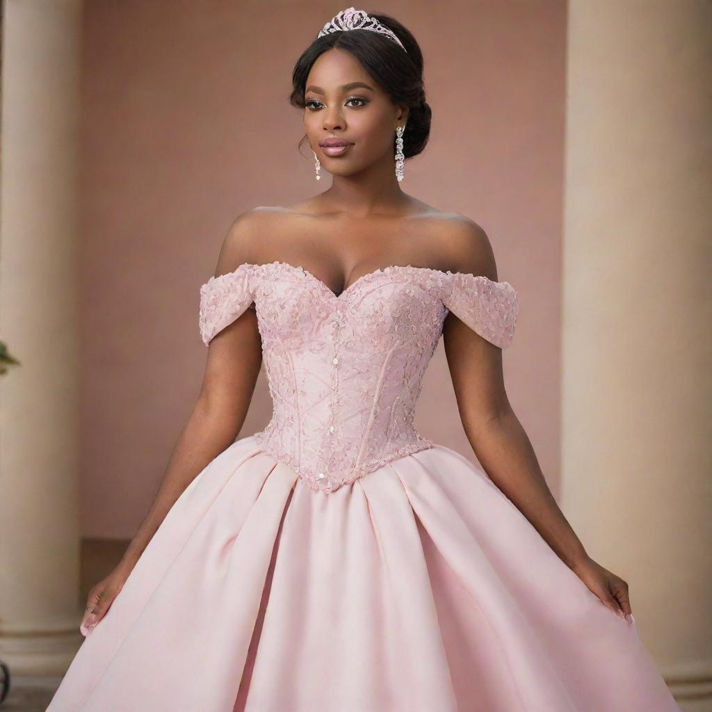 A tasteful design of a medium-sized woman adorned in a modern off-shoulder light pink gown, a mix of Charlotte's dress from Princess and the Frog and Bridgerton fashion, with a corset-like top, offering ample coverage at the bust.