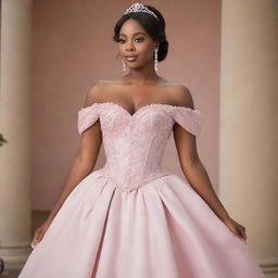 A tasteful design of a medium-sized woman adorned in a modern off-shoulder light pink gown, a mix of Charlotte's dress from Princess and the Frog and Bridgerton fashion, with a corset-like top, offering ample coverage at the bust.