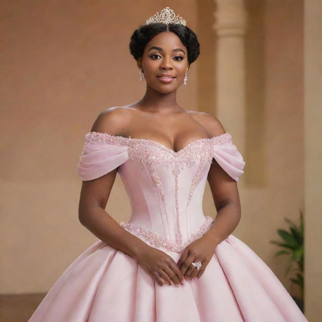 A tasteful design of a medium-sized woman adorned in a modern off-shoulder light pink gown, a mix of Charlotte's dress from Princess and the Frog and Bridgerton fashion, with a corset-like top, offering ample coverage at the bust.