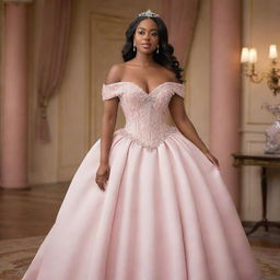 A tasteful design of a medium-sized woman adorned in a modern off-shoulder light pink gown, a mix of Charlotte's dress from Princess and the Frog and Bridgerton fashion, with a corset-like top, offering ample coverage at the bust.