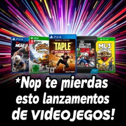 A vibrant and eye-catching YouTube thumbnail for a video titled ‘¡No te pierdas estos 5 lanzamientos de videojuegos!’
