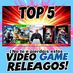 A vibrant and eye-catching YouTube thumbnail for a video titled ‘¡No te pierdas estos 5 lanzamientos de videojuegos!’