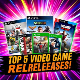 A vibrant and eye-catching YouTube thumbnail for a video titled ‘¡No te pierdas estos 5 lanzamientos de videojuegos!’