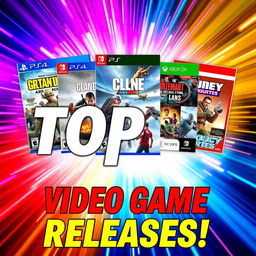 A vibrant and eye-catching YouTube thumbnail for a video titled ‘¡No te pierdas estos 5 lanzamientos de videojuegos!’