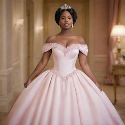 A tasteful design of a medium-sized woman adorned in a modern off-shoulder light pink gown, a mix of Charlotte's dress from Princess and the Frog and Bridgerton fashion, with a corset-like top, offering ample coverage at the bust.