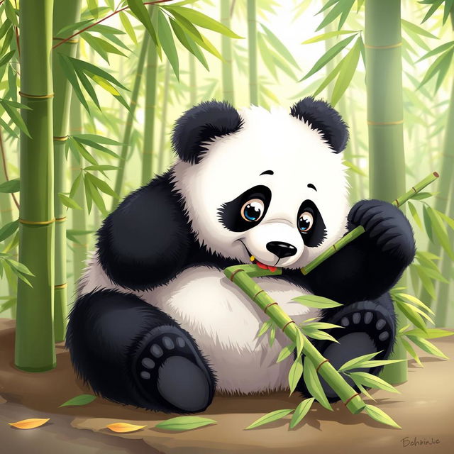 A cute panda sitting comfortably while munching on bamboo