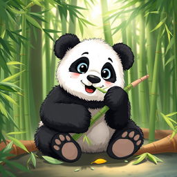 A cute panda sitting comfortably while munching on bamboo