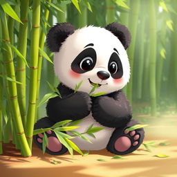 A cute panda sitting comfortably while munching on bamboo